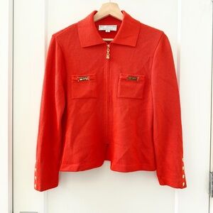 St. John Collection "Orange Poppy" Knitted Full Zip Jacket Gold detail Sz P